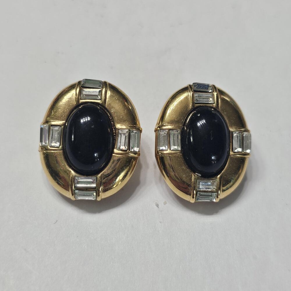 Vintage 1980s Monet Black Cabochon Gold Tone Rhinestone Clip On Earrings